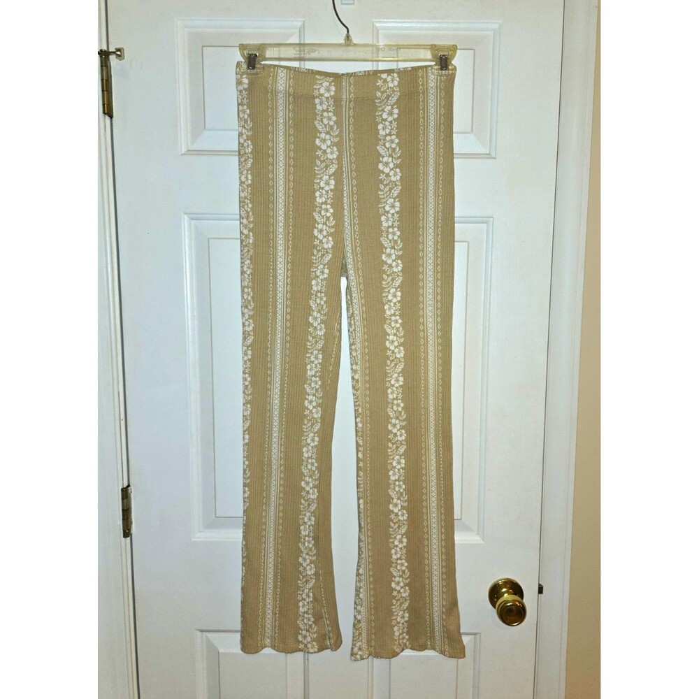 Ocean Drive Beige Floral Stripe Ribbed Knit Flare Pants Bell Bottoms Women's M
